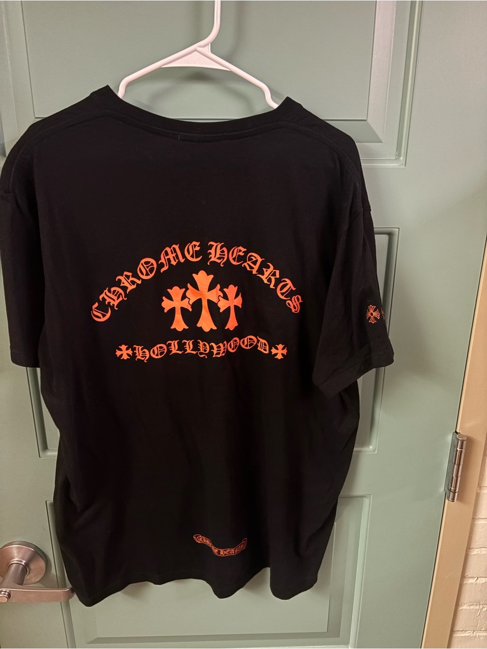 Chrome Hearts Black Tee with Bright Orange Cross Graphics